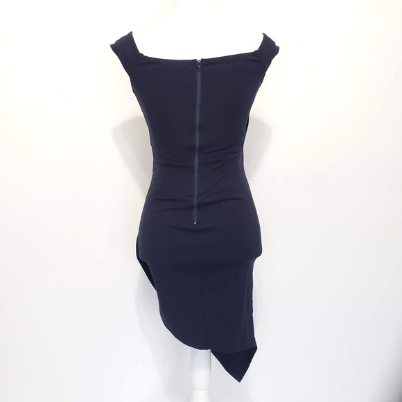 Trac Women SIZE S Navy Blue Off Shoulder Mini Dress Asymmetrical Hem Cocktail - Picture 3 of 13